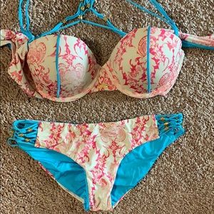 Beach Bunny turquoise, pink, and white bikini set